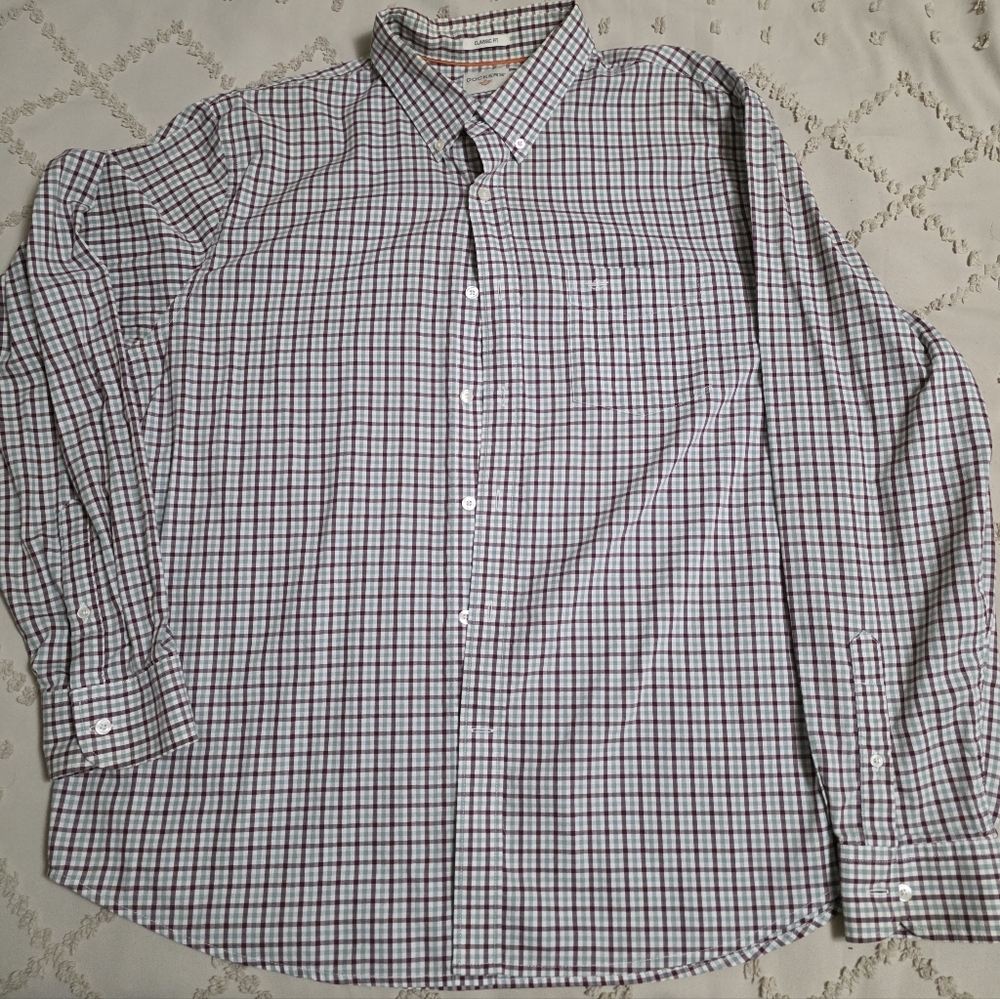Mens XL Dockers Comfort Fit Button Up Long Sleeve Shirt Checkered White Burgundy